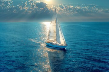 A sailing yacht cruising in calm blue sea waters under a dramatic sky showing tranquillity and...