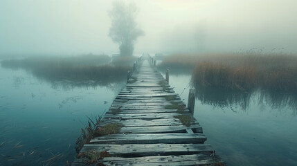 A foggy, misty day with a wooden bridge over a body of water
