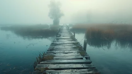  A foggy, misty day with a wooden bridge over a body of water © ART IS AN EXPLOSION.