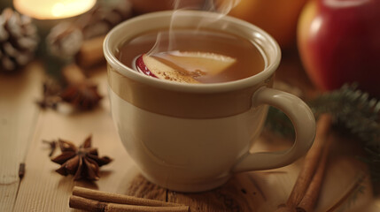 An enchanting closeup of a steaming mug of spiced apple cider surrounded by cinnamon sticks, capturing the essence of holiday aromas.