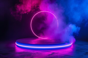Modern round empty platform podium stand for product presentation scene with glowing neon lighting. Front view. Futuristic empty stage mockup