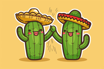 A pair of cheerful cacti sharing a high-five in the desert sun, each wearing a tiny sombrero, cartoon