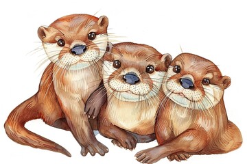 Watercolor Three playful otter pups stack atop one another, their whiskered grins suspended in space , watercolor illustration, isolated on white background, - obrazy, fototapety, plakaty
