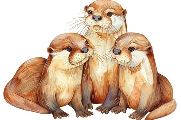 Three playful otter pups stack atop one another, their whiskered grins suspended in space , watercolor illustration, isolated on white background,