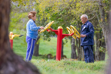 senior couple practicing exercise outdoors - 785744725