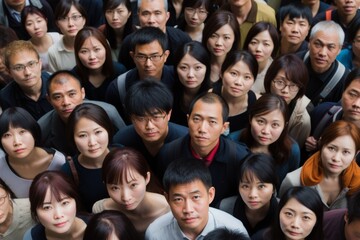 Group of Asian people serious face looking up