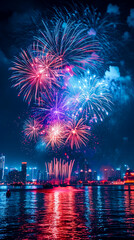 Fototapeta premium A fireworks display is lit up in the night sky over a city