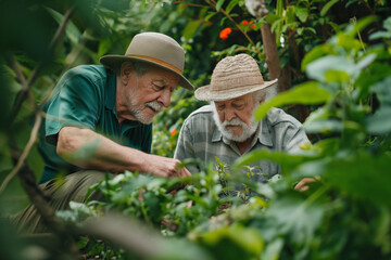 Senior friends gardening together, displaying teamwork and a connection to nature in retirement.