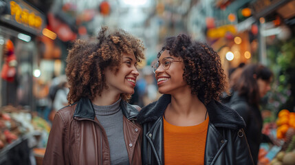 Obraz premium Two women enjoying time together in the city. Ideal for themes of friendship, urban lifestyle, and lesbian relationships.