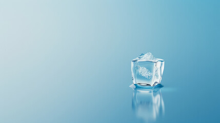 A minimalist image of a lone ice cube melting on a bright blue background, symbolizing global warming.  - obrazy, fototapety, plakaty