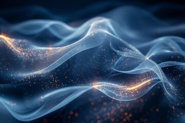 Dynamic waves with a glowing blue aesthetic and floating particles creating an enchanting visual