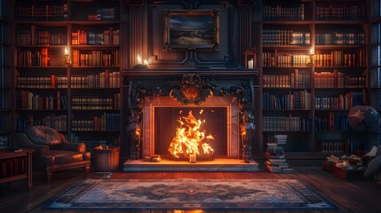 Inviting Bibliophilic Retreat with Crackling Hearth. Concept Literary Discussions, Cozy Fireside Chats, Book Lovers' Haven, Reading Nooks, Rustic Ambiance - obrazy, fototapety, plakaty