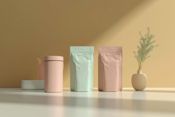 Three pastel-colored, blank packaging bags standing side by side on a soft yellow background, ideal for branding mockups..