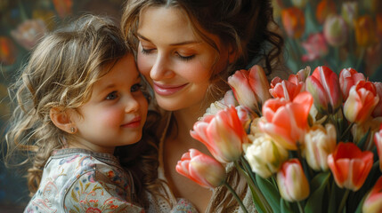 A mother and her young daughter enjoy a close, loving moment, with a beautiful bouquet of tulips celebrating Mother's Day.
 - obrazy, fototapety, plakaty