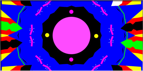 Abstract, kaleidoscope-like effect with a symmetrical design, and a central pink circle with white dots, within a border