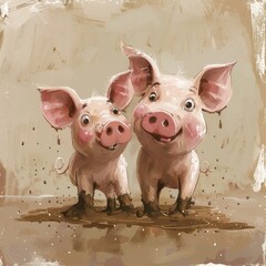 Amusing cartoon pigs playing in mud, earthy brown background for farm life and fun.