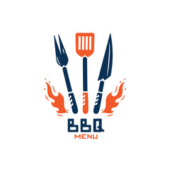 BBQ Time. Grill Tools with Fire Flames. Barbecue Fork, Spatula, Knife. Vector illustration.