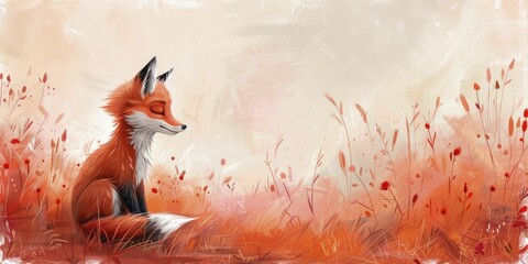 Obraz premium A whimsical cartoon fox ponders under a soft pink sky, perfect for a delightful children's storybook scene.