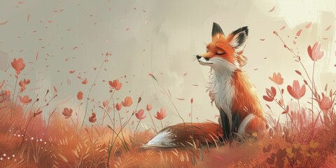 Obraz premium A whimsical fox ponders under the soft glow of a gentle pink sky in this enchanting children's book illustration.