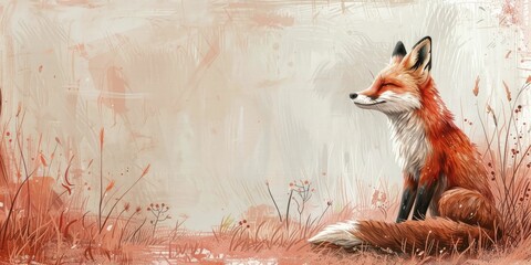 Obraz premium A curious fox ponders under a soft pink sky, perfect for a whimsical children's story illustration.