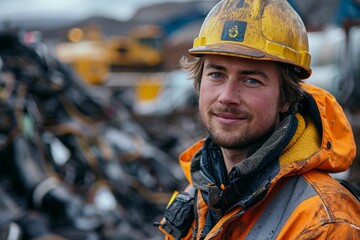 Smiling construction worker in a yellow hard hat and safety gear in front of machinery