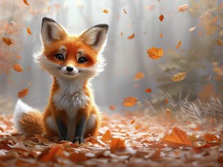 Obraz premium A whimsical fox surrounded by fall foliage on a vibrant orange backdrop, symbolizing resilience and flexibility amidst change.