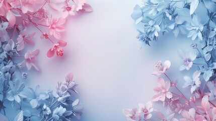A soft and dreamy background with a delicate floral frame, featuring a pastel blue and pink gradient, ideal for invitations, greeting card or spring-themed designs