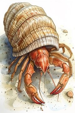 A hermit crab sans shell, its vulnerability emphasized without a background to provide context , watercolor illustration, isolated on white background,