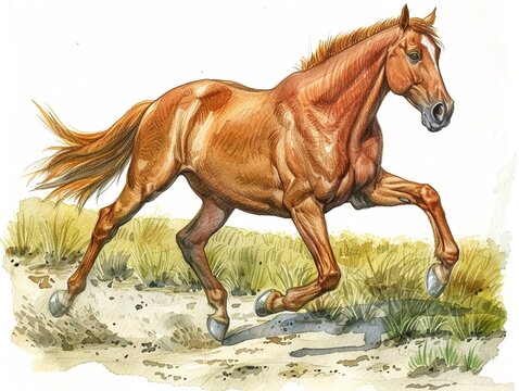 A horse gallops, the power and beauty of its form enhanced by the simplicity of the white backdrop , watercolor illustration, isolated on white background,