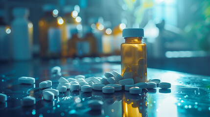 A bottle of pills is on a table with many other bottles - obrazy, fototapety, plakaty