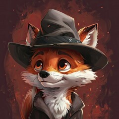 Crafty cartoon fox with a detective hat, deep burgundy background for mystery themed children's stories. - obrazy, fototapety, plakaty
