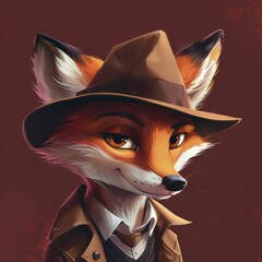 A clever fox in a detective hat explores mysteries against a deep burgundy backdrop in whimsical children's tales. - obrazy, fototapety, plakaty