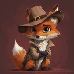 Obraz premium Join the clever cartoon fox donning a detective hat against a rich burgundy backdrop in thrilling children's mystery tales.