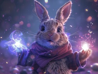A clever cartoon bunny performs enchanting illusions against a mystical purple backdrop for a whimsical entertainment experience. - obrazy, fototapety, plakaty