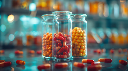 Three glass jars filled with red and orange pills - obrazy, fototapety, plakaty
