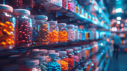 A store shelf with many different colored pills and candies - obrazy, fototapety, plakaty