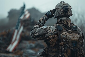 A soldier in rain-drenched camo gear salutes the American flag, portraying duty and determination amid adversity - obrazy, fototapety, plakaty