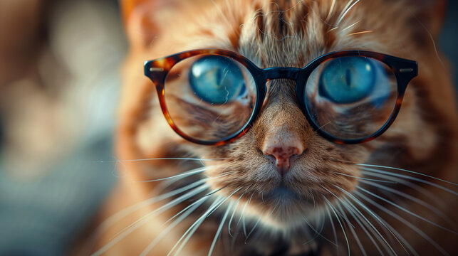 A cat wearing glasses with blue eyes