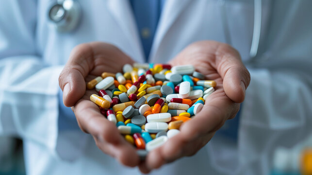 A doctor is holding a bunch of pills in his hand
