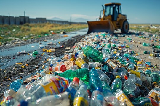 An industrial bulldozer moving garbage at a landfill with blue skies in the background - Powered by Adobe
