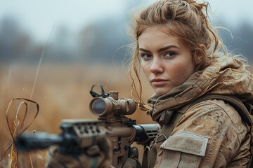 A solo serious female hunter aiming with precision using a scope on her rifle - obrazy, fototapety, plakaty