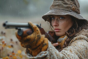A young woman aims a pistol with determination amidst rain and autumn foliage
