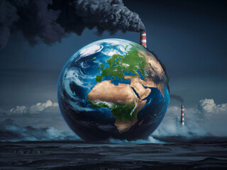 Planeta tierra con chimeneas contaminantes, concepto de calentamiento global - obrazy, fototapety, plakaty