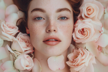 Portrait of a freckled woman surrounded by delicate roses, skin care and self care idea