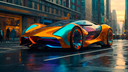Magnificent futuristic car in the metropolis