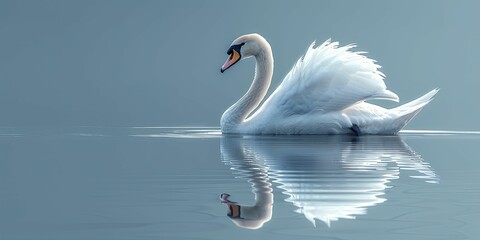 The serene blue background perfectly complements the graceful cartoon swan on the mirror-like lake, ideal for tranquil nursery themes. - obrazy, fototapety, plakaty