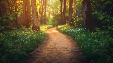 Fototapeta premium A path through a forest, leading the way, never stop and keep going