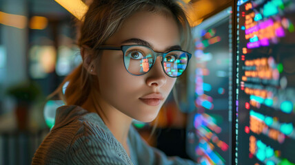 Intense Coder at Work in a Tech Environment. A young woman intensely focused on programming, with code reflections visible on her glasses.