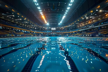 A vantage view of an Olympic-sized swimming pool in a vast sports arena, with powerful lights and empty stands