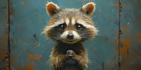 Fototapeta premium A mischievous cartoon raccoon strikes a playful pose against a vibrant turquoise backdrop, perfect for nursery decor.
